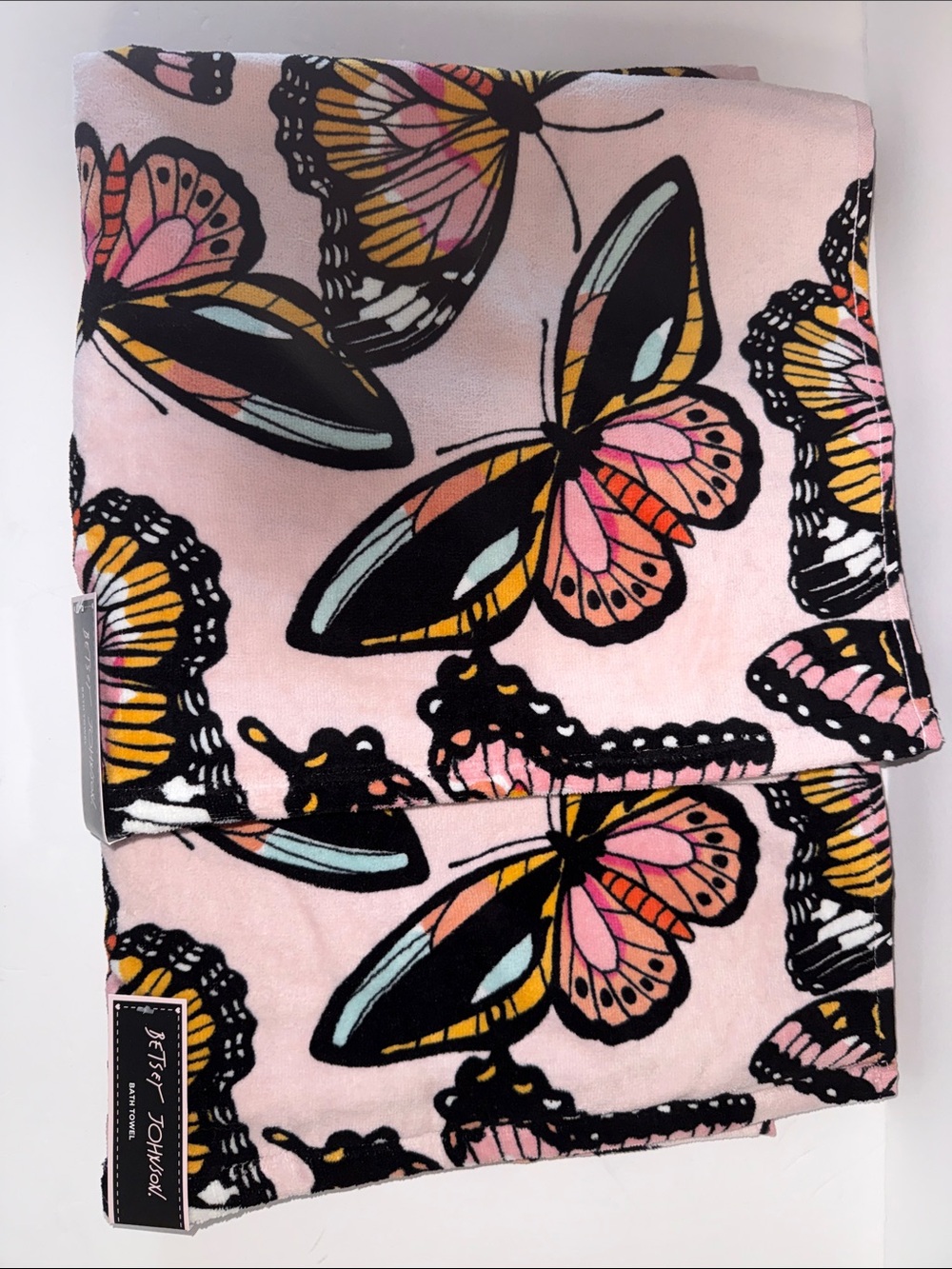 NWT Betsey Johnson 2 Pc 100% Cotton Velour Bath Towels Pink Monarch Butterfly